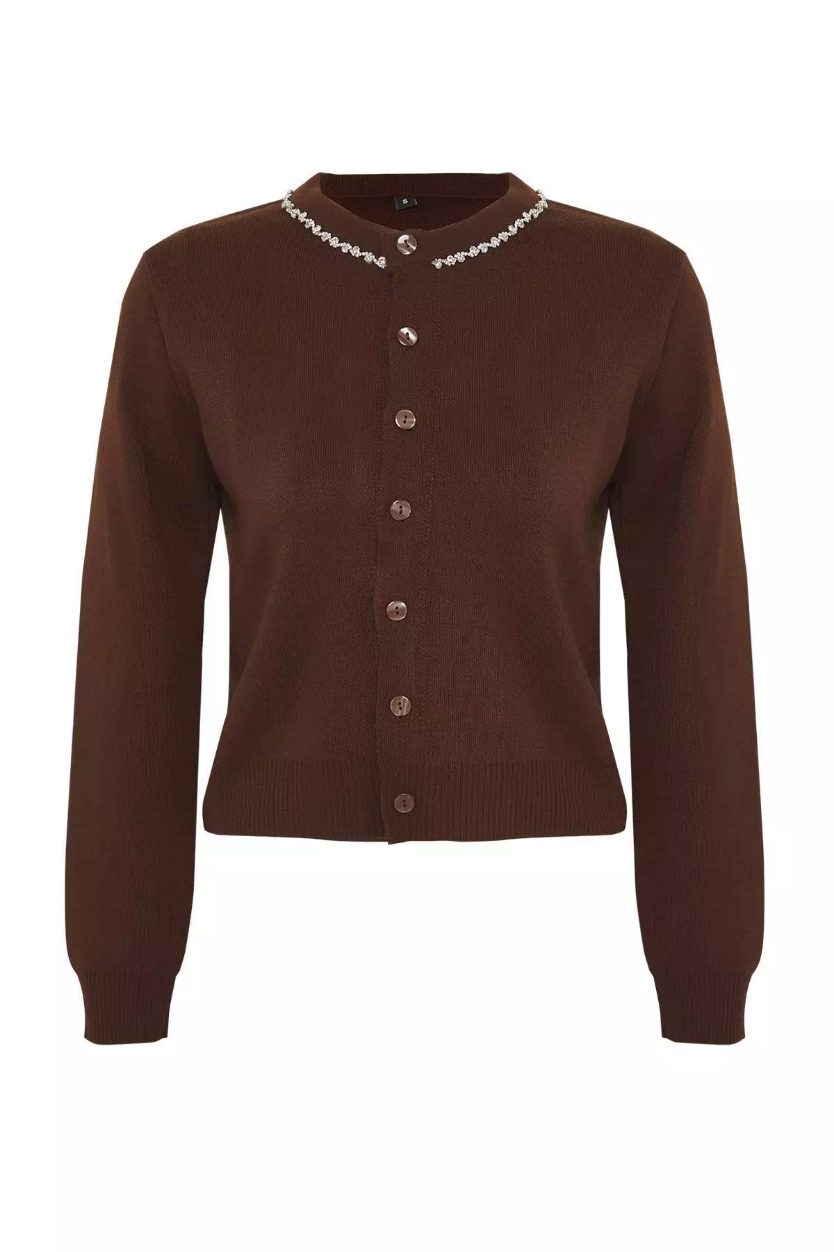 Brown Stone Detailed Soft Textured Double Knitwear Cardigan Blouse