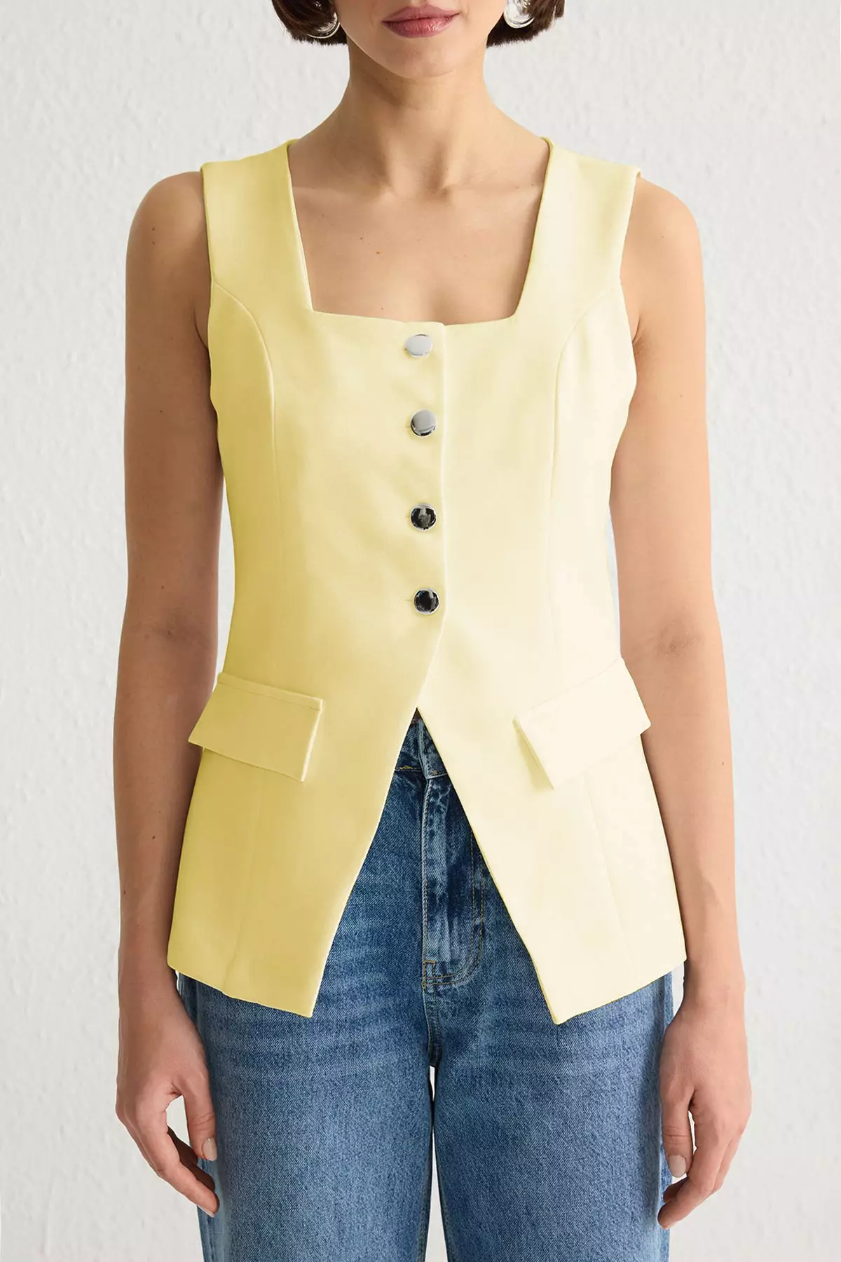 Yellow Fitted Square Neck Thick Strap Vest Vest