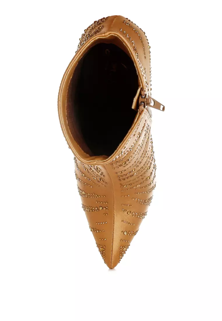 Sepatu Bot Pesta Satin Rhinestone Ankle Warna Coklat