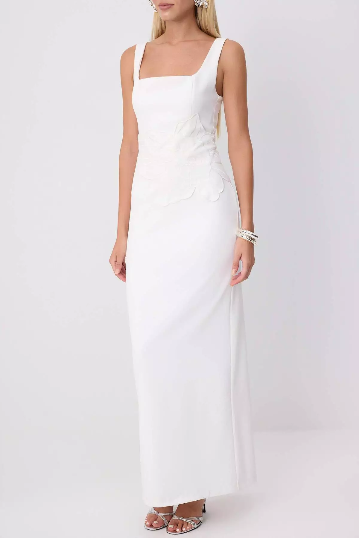 White Floral Appliqué Detailed Woven Maxi Evening Dress Night Graduation Dress Tprss25Ae00177