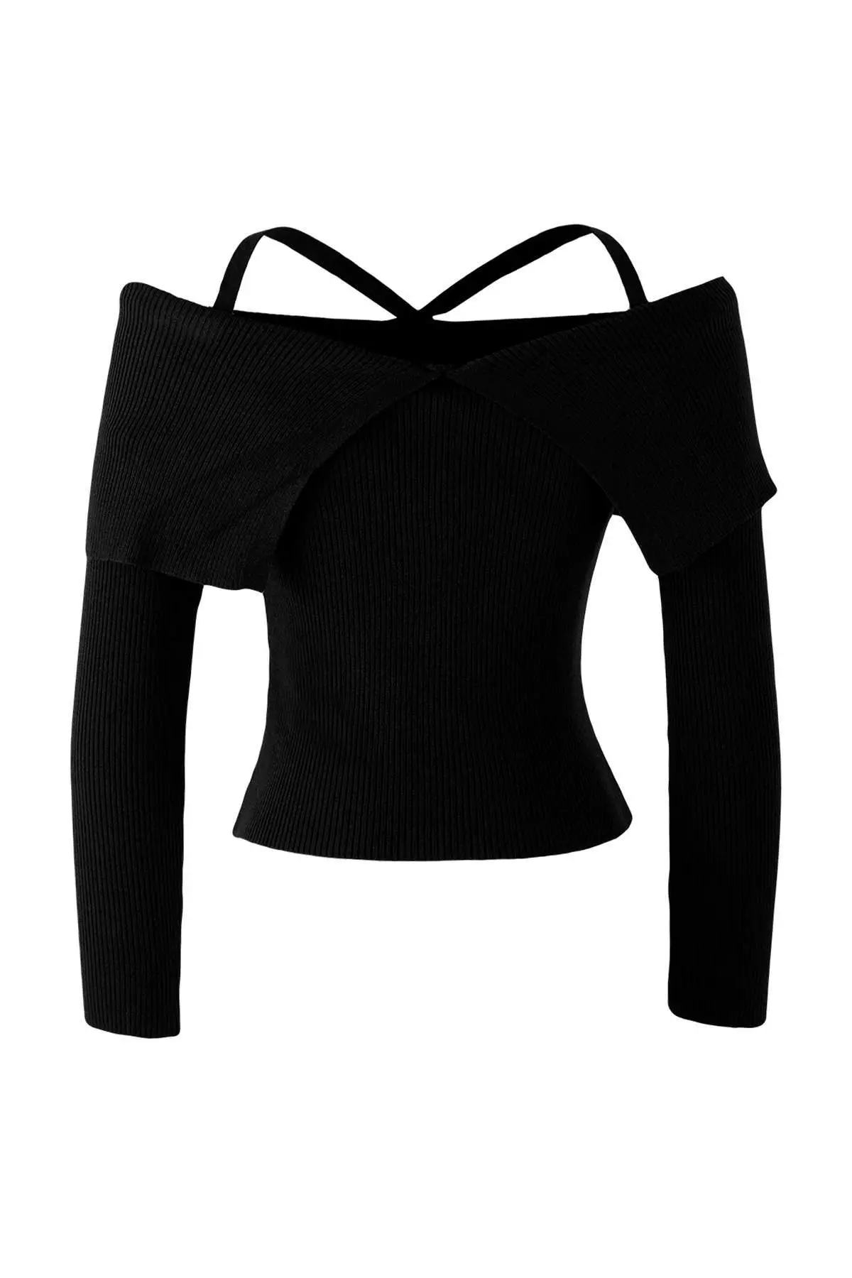 Black Premium Yarn/Special Yarn Carmen Neck Strap Knitwear Sweater