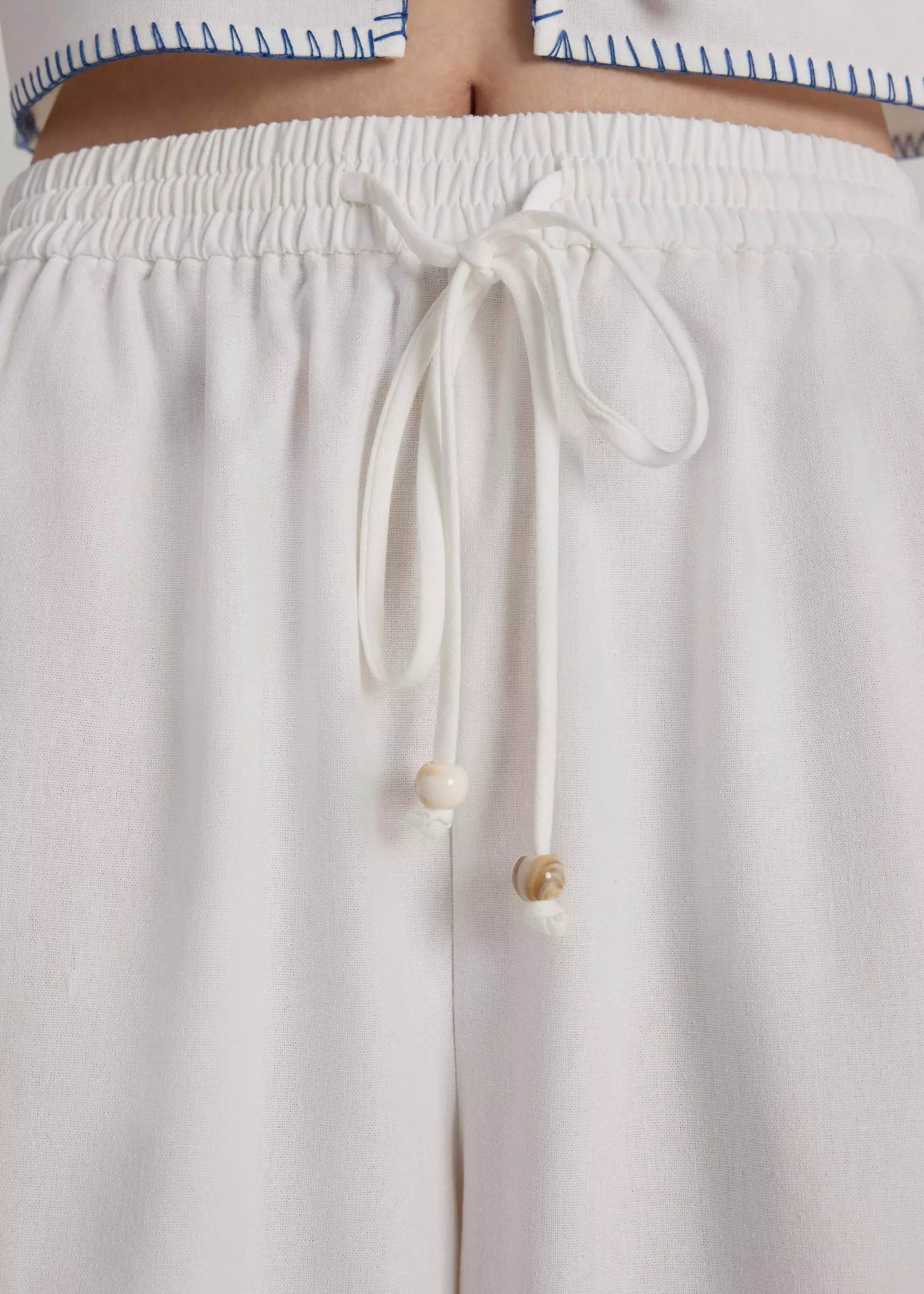 Celana Panjang Wanita - Wide Leg Drawstring Pants in Coastal Charm Embroidery