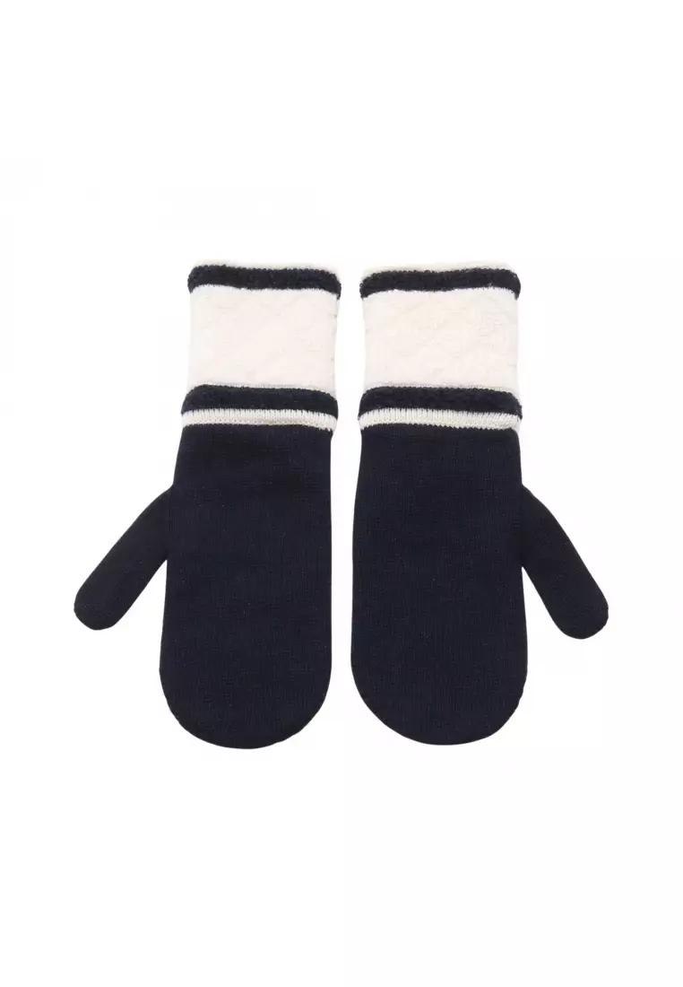 Pre-Loved Chanel coco mark mittens gloves glove cashmere Navy off white