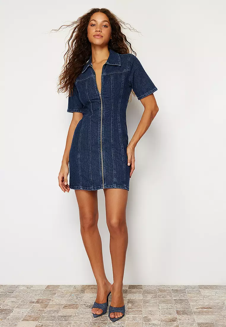 Dark Blue Zippered Fitted Mini Denim Dress