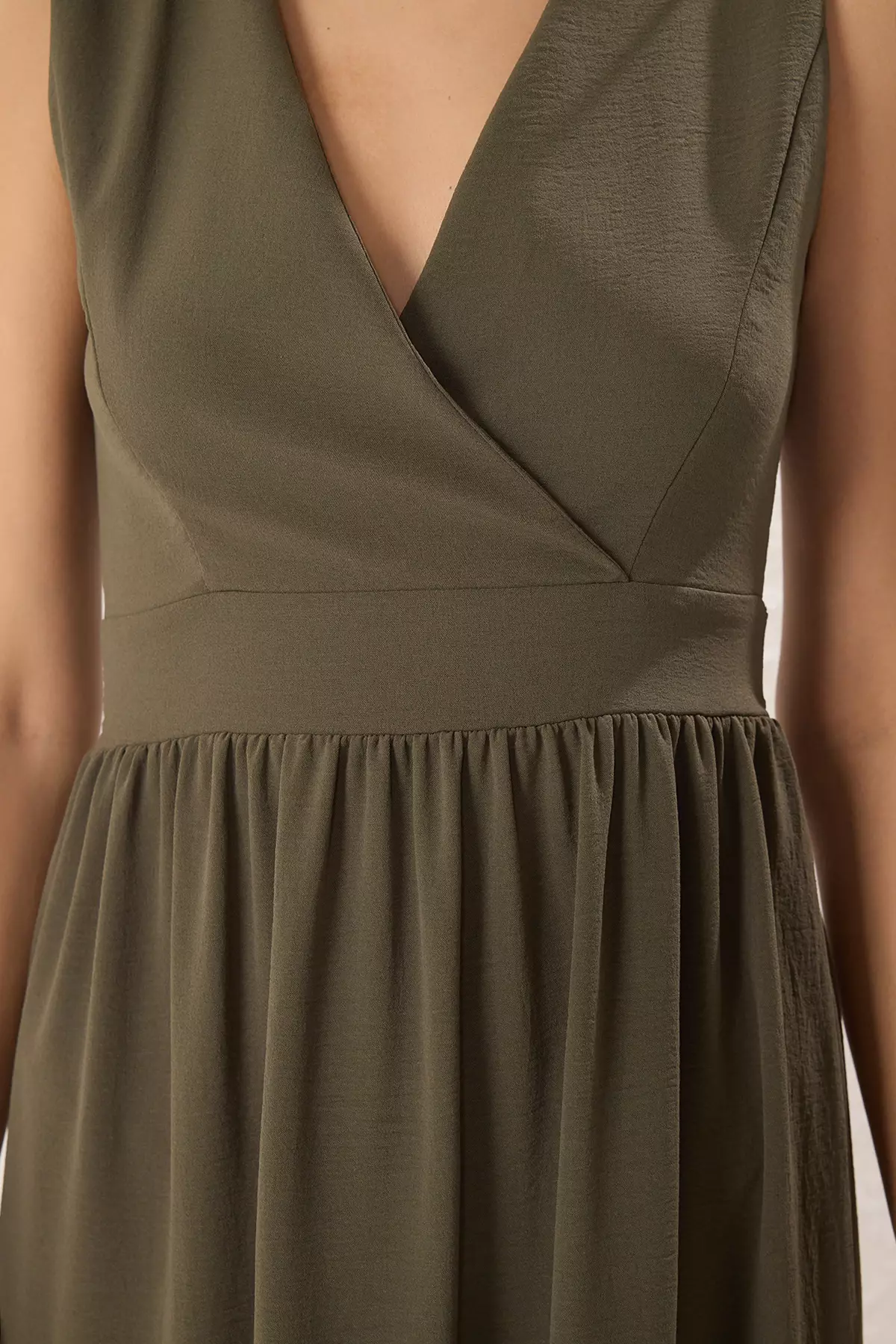 Khaki Plain Skirt Waist Opening Double Breasted Midi Woven Dress TWOSS25EL00201