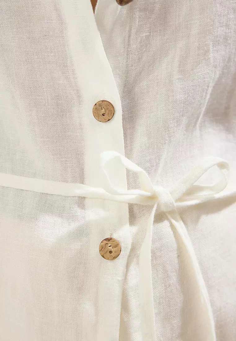 White Woven 100% Linen Tied Beach Shirt TBESS25GO00015