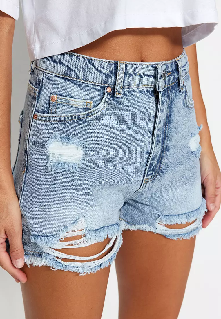 Ripped High Waist Denim Shorts