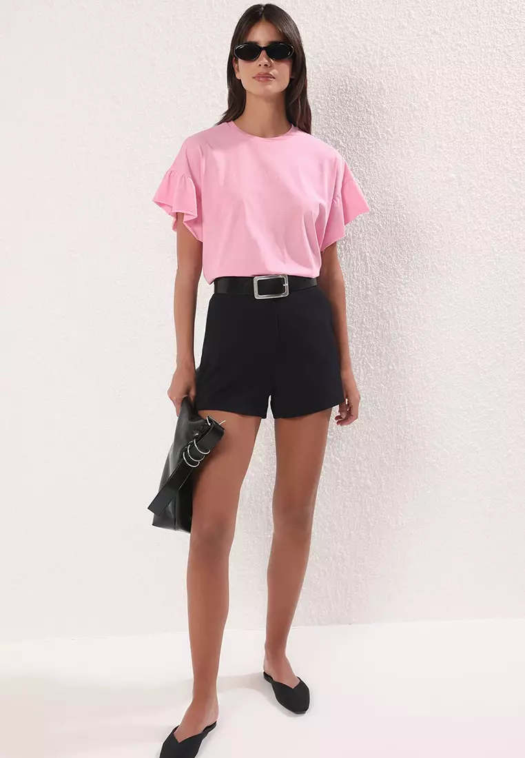 Pink 100% Cotton Ruffle Detailed Basic Crew Neck Knitted T-Shirt Twoss22Ts2429