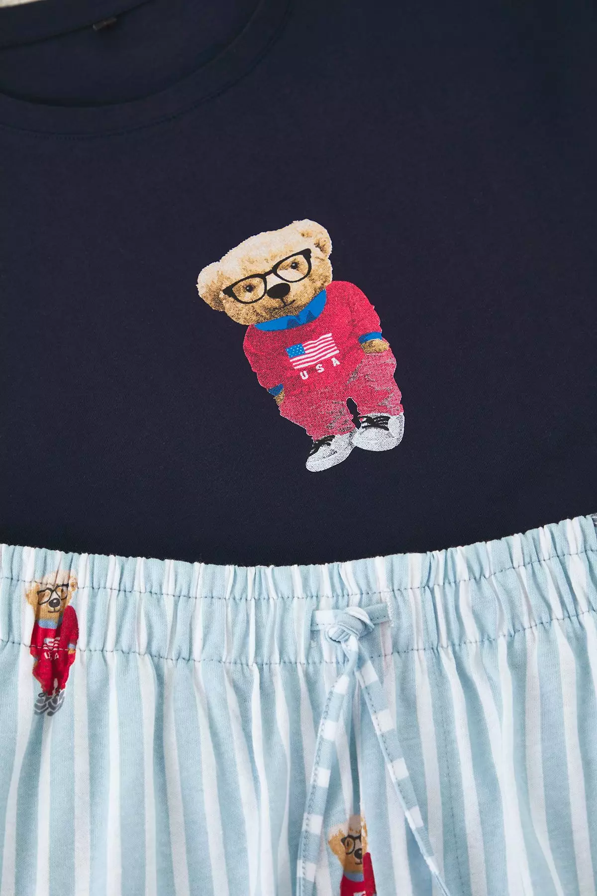 Blue Regular Fit Teddy Bear Printed Knitted Shorts Pajama Set Tmnss24Pt00034