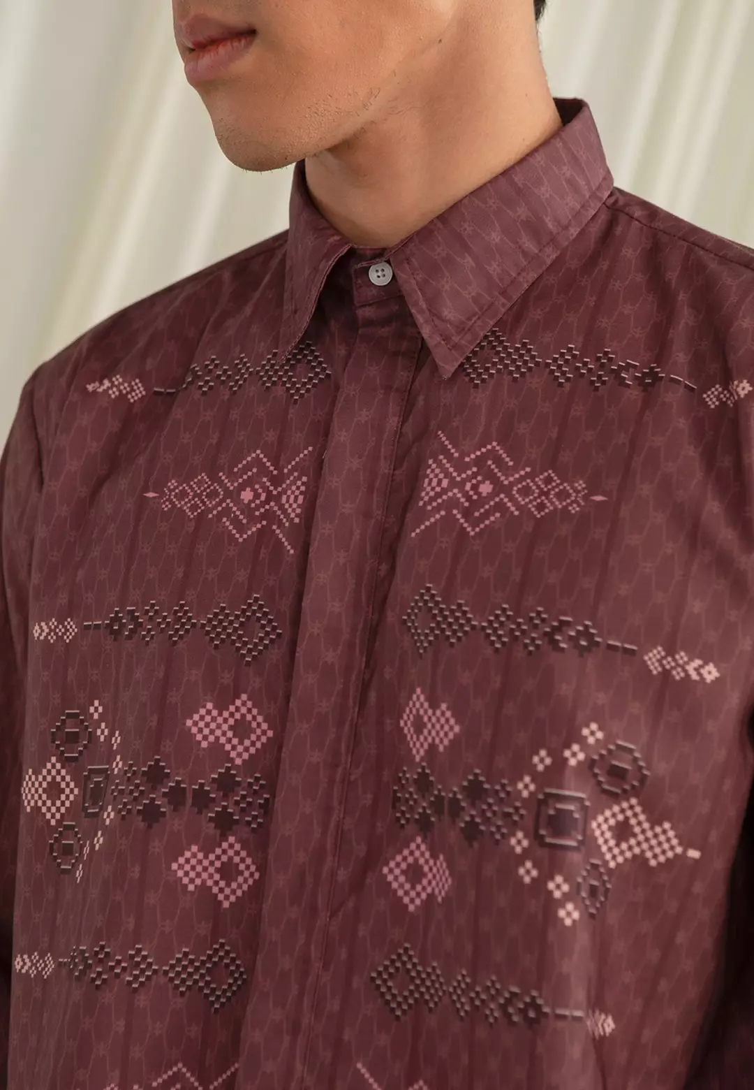 HijabChic Malik Koko Maroon - Baju Lebaran Pria Koko Motif Geometris