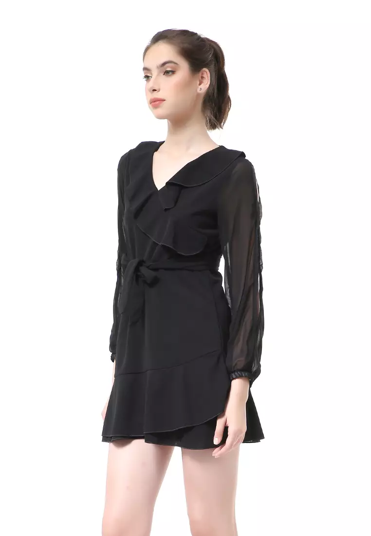 Rachel Sexy Dress Wanita Lengan Panjang Terbelah Model Tali Pinggang Stylish Material Polyester ORIGINAL - Black