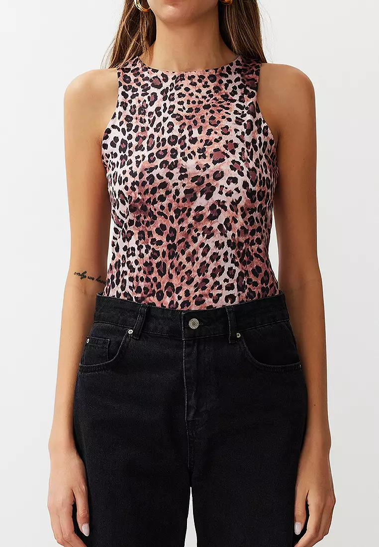 Light Brown Leopard Patterned Halter Neck Flexible Bottom Snap Knitted Bodysuit