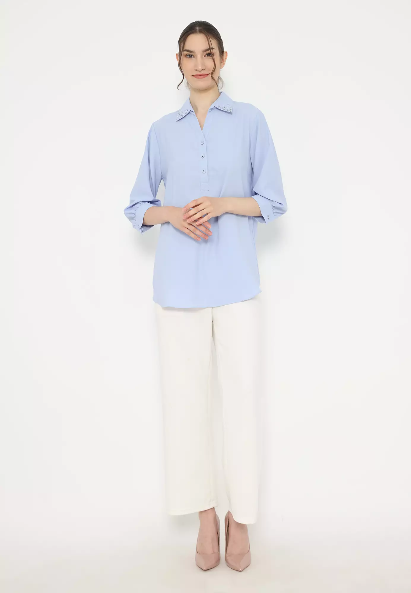 Plain Shirt With Pearl Detail In Soft Blue By Brilliant Girl Warna BIRU