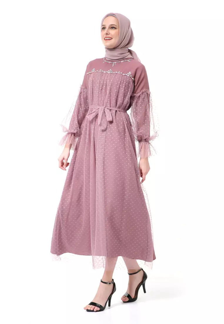 Varsha Dress Wanita Long Sleeve Motif Polos Polkadot High Quality - Opera Mauve