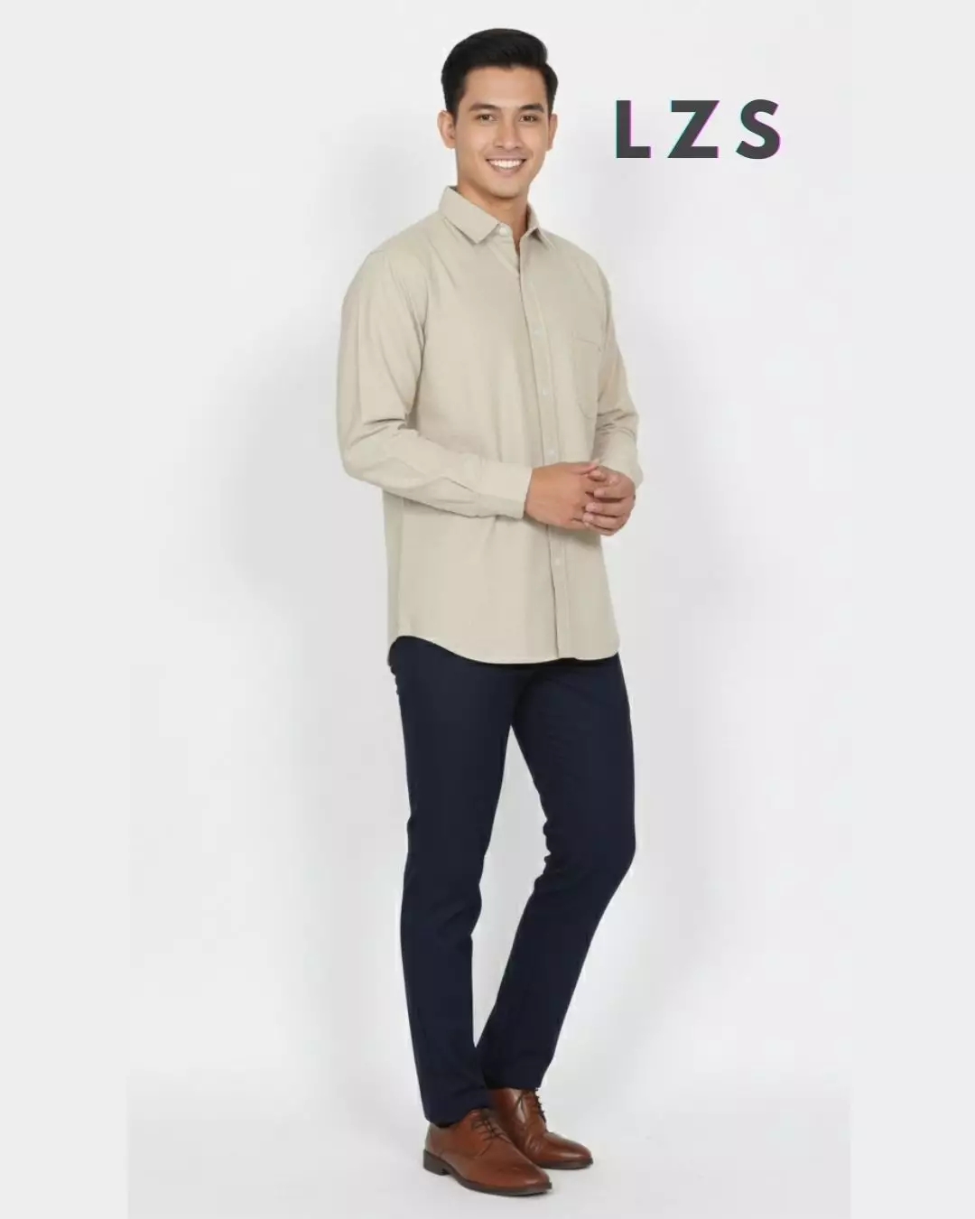Kenzo Shirt - Kemeja Cotton Lengan Panjang Polos - KREM Reguler Fit Pria