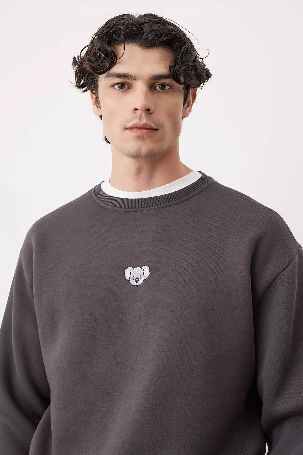 Anthracite Crew Neck Oversize/Wide Cut Polar Fleece Inside Penguin Embroidery Sweatshirt