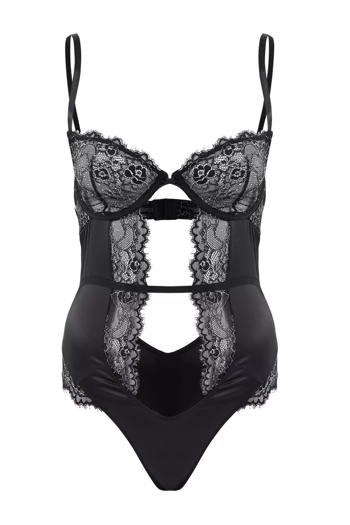 Black Satin Fitted Silver Color Detailed Cut Out Body Thmss26Bd7