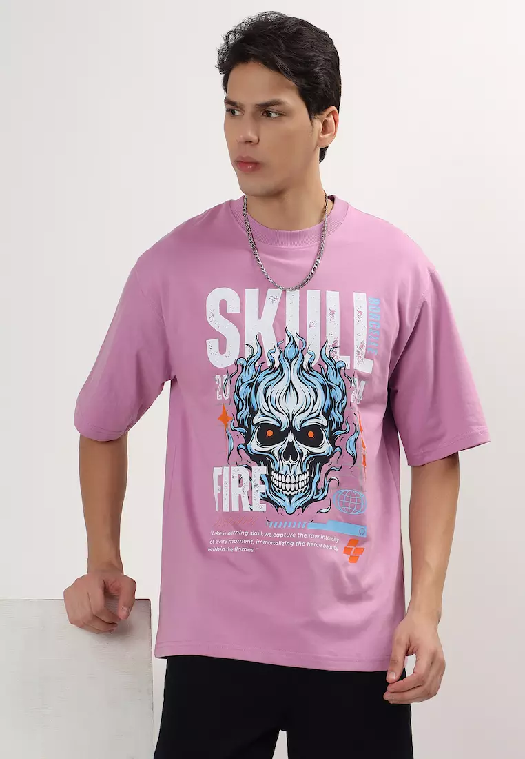 骷髅火焰图案薰衣草色棉质宽松T恤/T恤，男女通用运动服，圆领，短袖