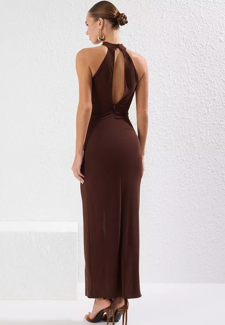 Brown Accessory Detail Knitted Long Elegant Evening Dress & Graduation Dress TPRSS25AE00088