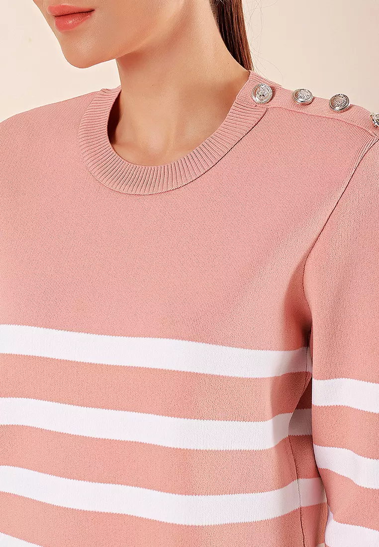 Button Detail Striped Sweater Powder