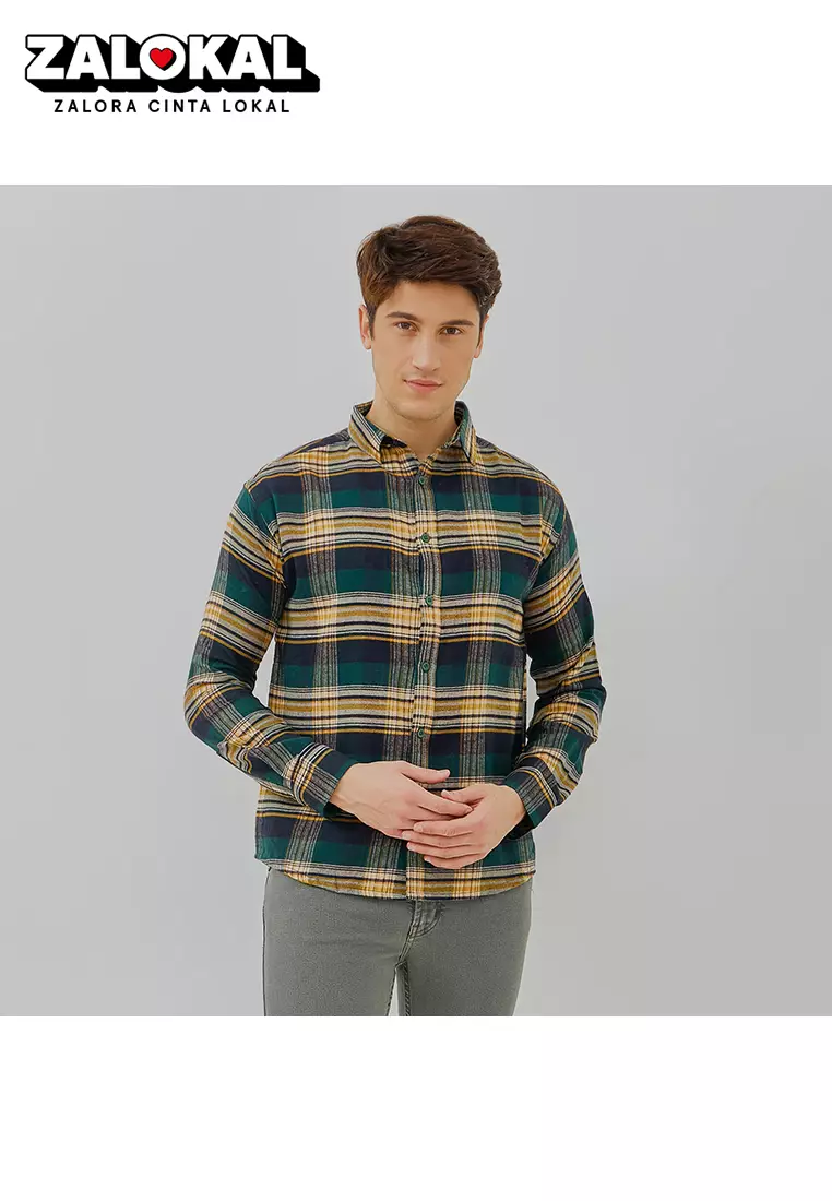 PAULMAY Kemeja Flanel Pria Lengan Panjang Hijau 6712