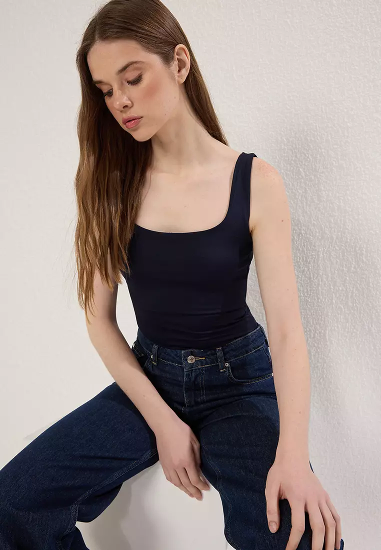 Navy Blue Fitted/Fits on the Body with Back Detail Square Neck Snap Elastic Knitted Bodysuit TWOSS24BD00026