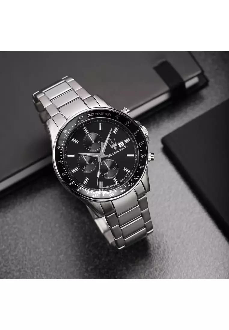 【2 Years Warranty】Maserati Sfida 44mm Black Dial Men's Stainless Steel Chronograph Quartz Watch R8873640015 With Luminous Dial Hands