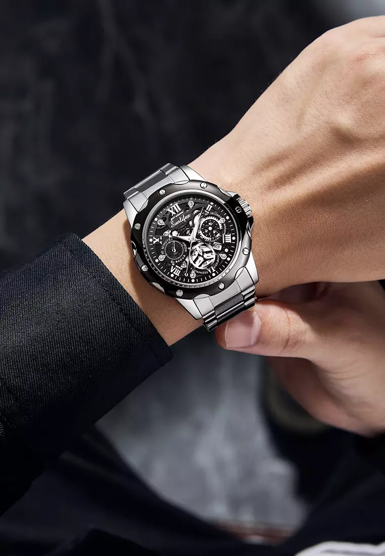 Jam Tangan Pria Kuarsa Luminous Tanggal Kasual Tali Stainless Steel Jam Tangan Cowok 8080 Silverblack