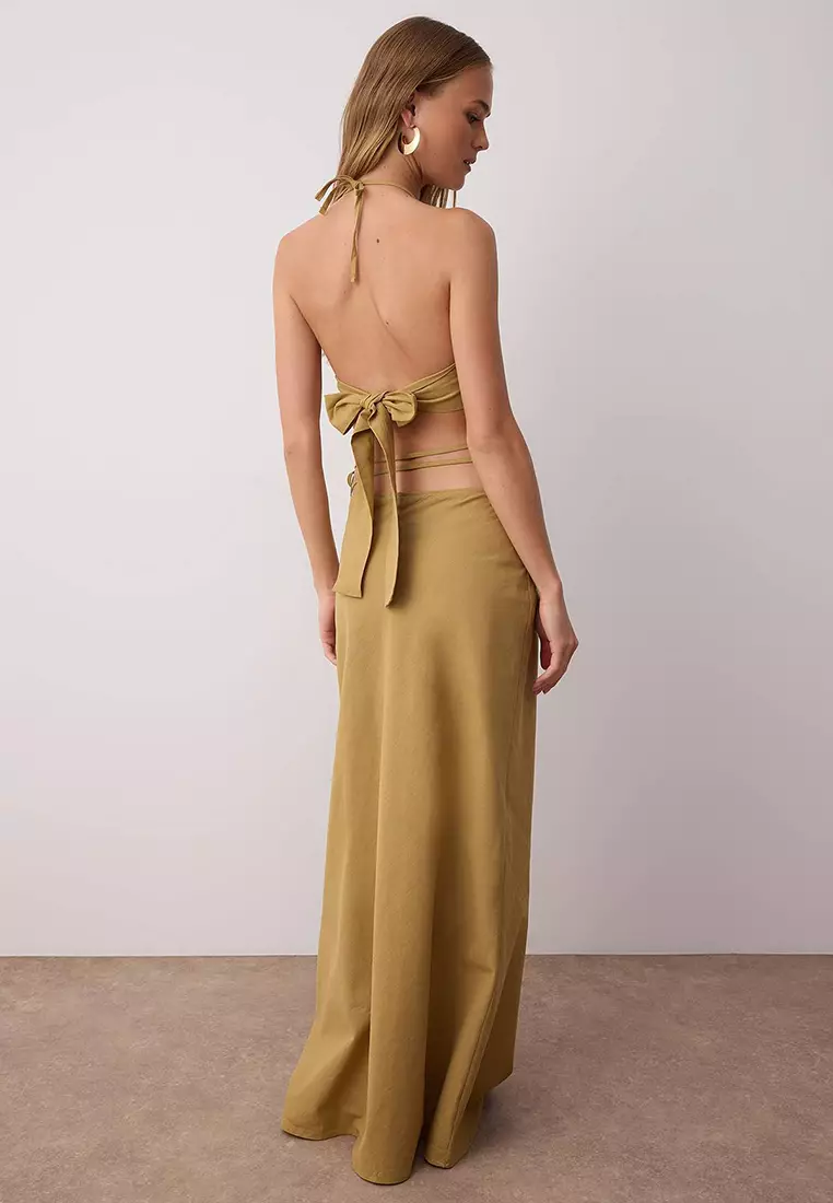 Khaki Woven Halter Neck Back Detail Beach Blouse Skirt Suit Tbess25Au00089