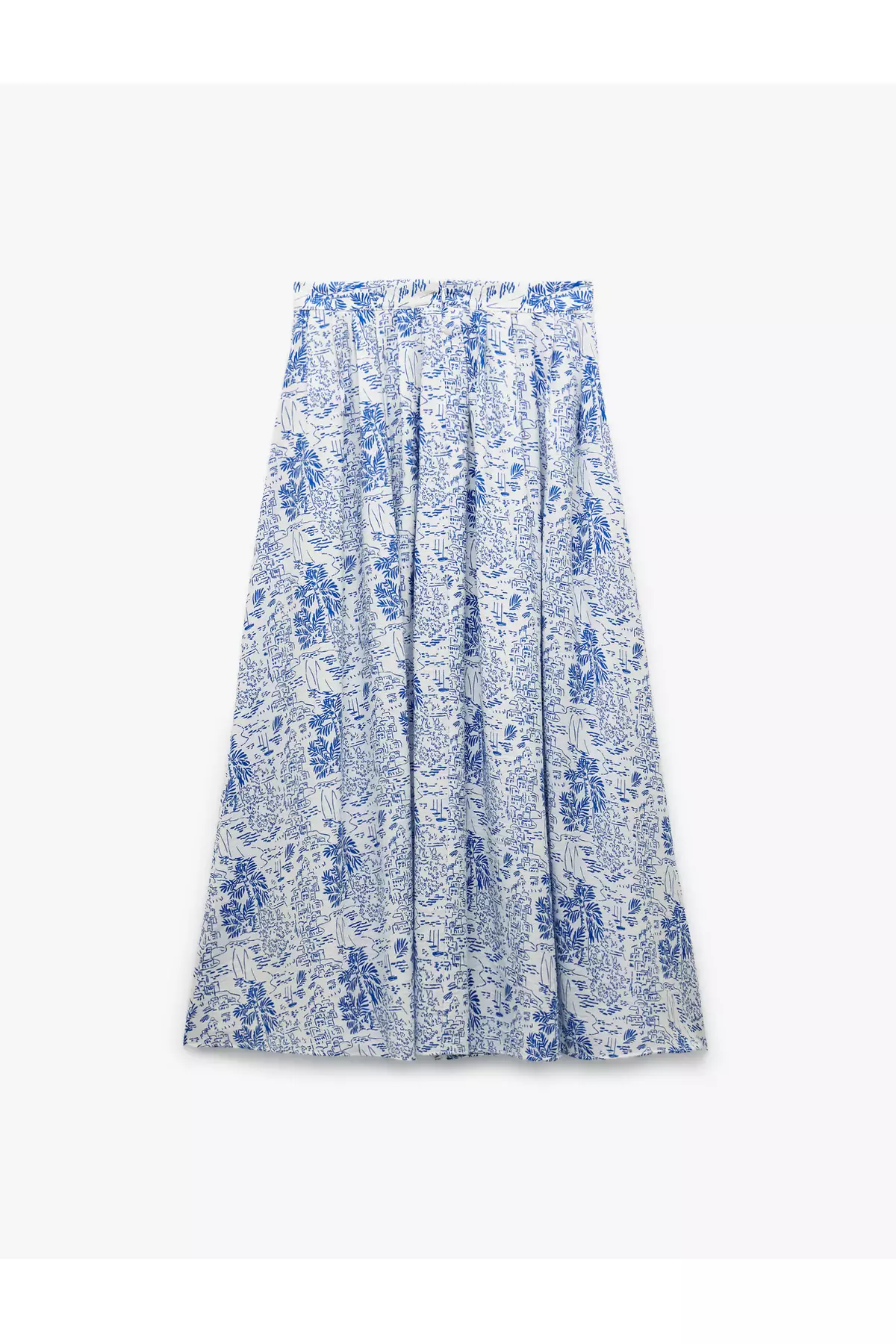 Viscose Fabric Slit Landscape Themed Printed Pleated Midi Flared Skirt