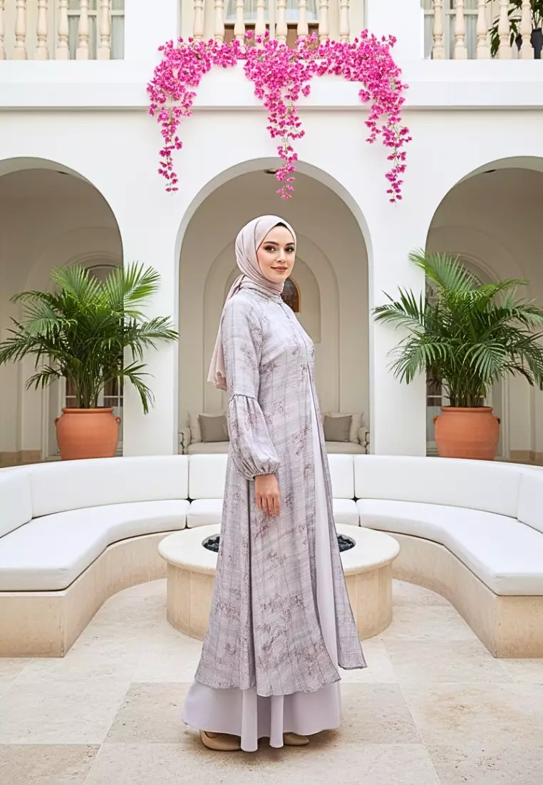 Gamis Wanita Motif Floral Soft Pink Premium Dress Muslimah Elegan Lengan balon By Brilliant Girl Warna PINK