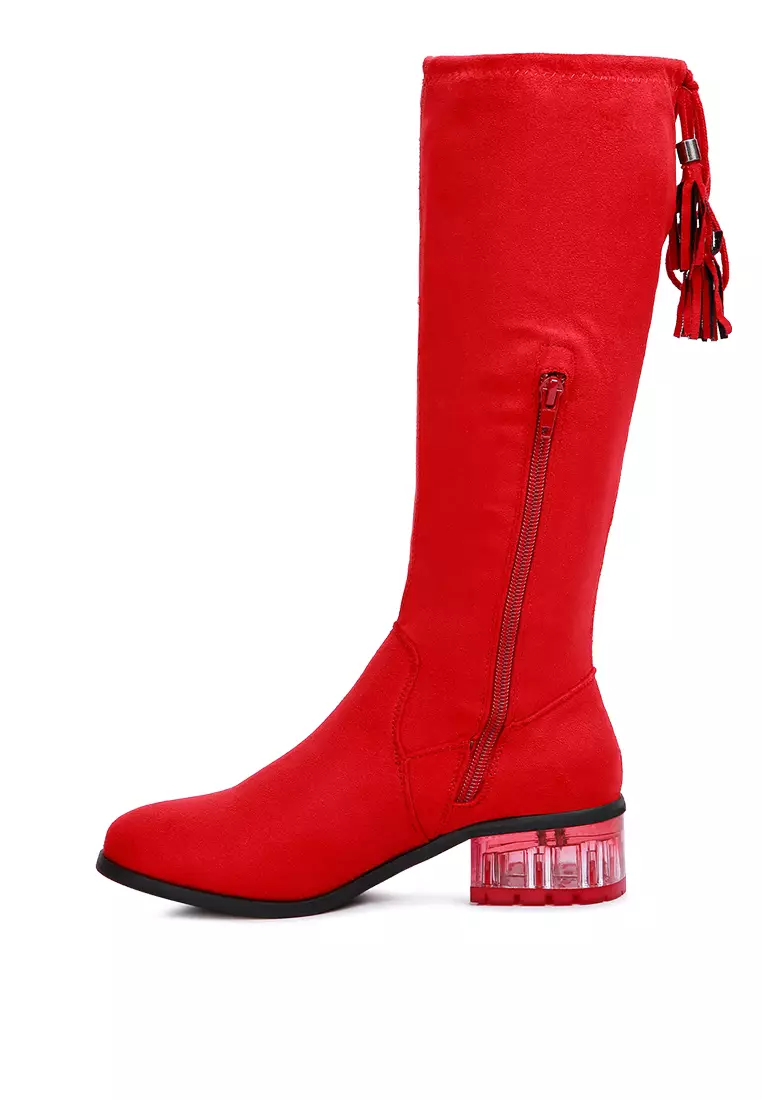 Red calf length boots top