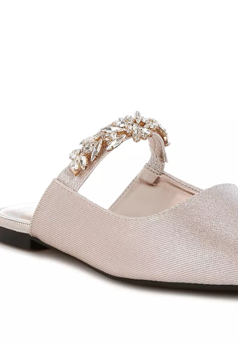 Diamante Strap Glitter Mules in Beige