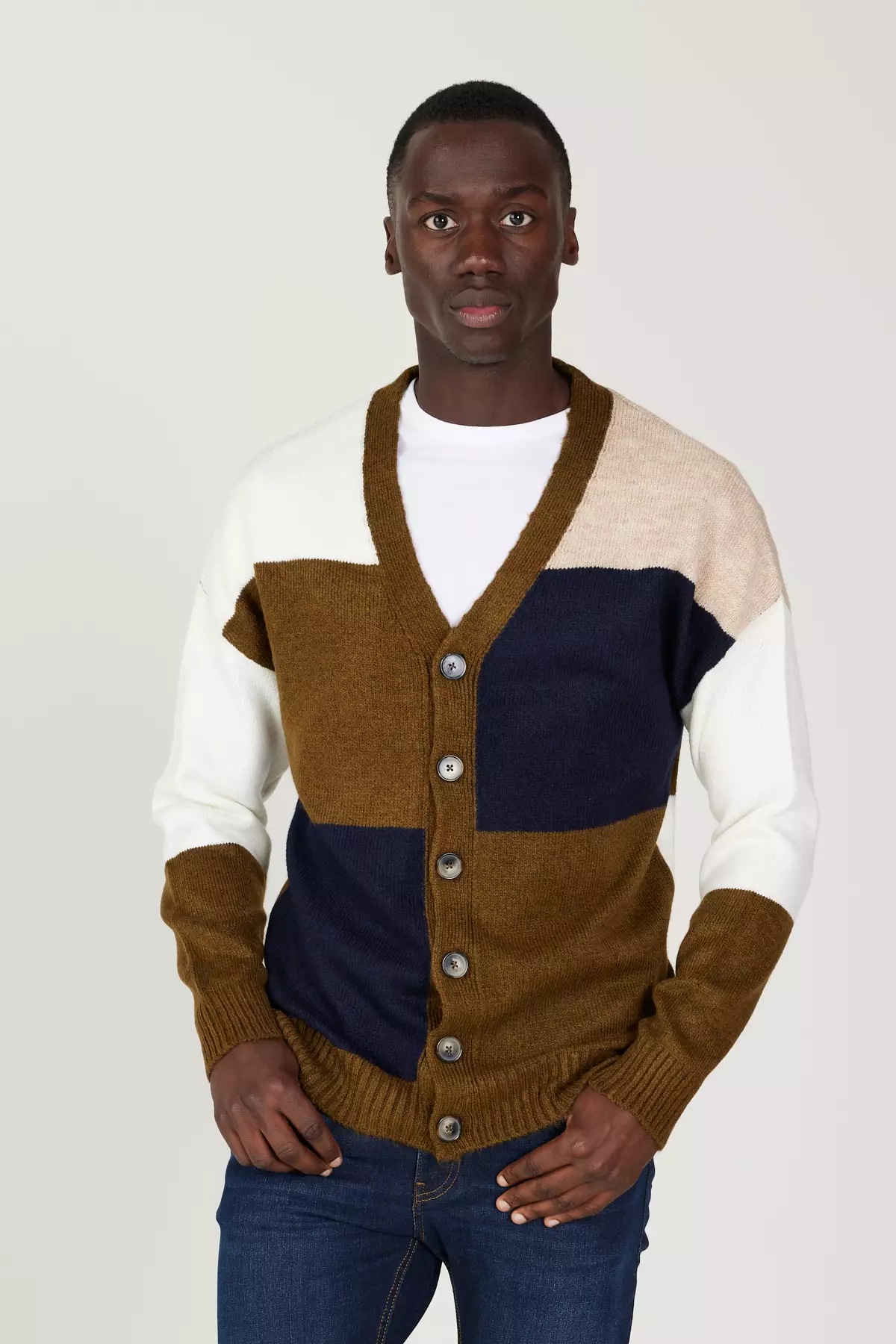 Khaki-Ecru Standard Fit Regular Cut V-Neck Fleece-Lined Soft Textured Knitwear Cardigan