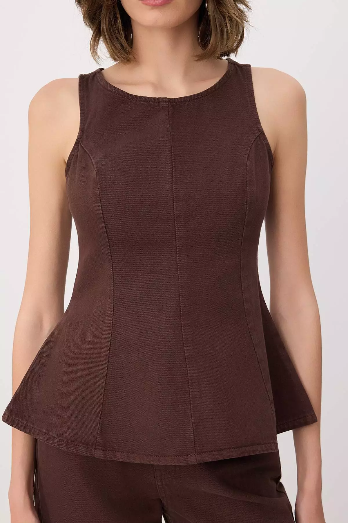 Brown Strap Peplum 1% Cotton Denim Blouse Twoss26Bz196