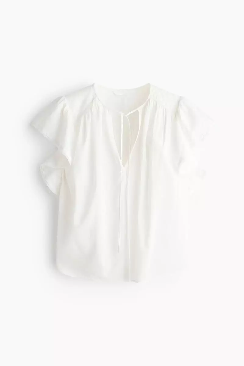 Flutter-sleeved lace-trimmed blouse