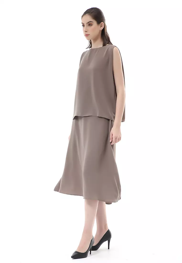 Nayra Set Atasan Wanita Setelan Tanpa Lengan with Long Skirt Motif Polos Material Chiffon Cathy ORIGINAL - Dark Olive