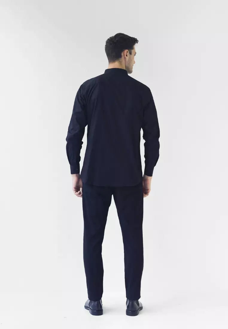 Cotton Well Badr Stand Collar Shirt Black | Kemeja Koko Lengan Panjang Hitam