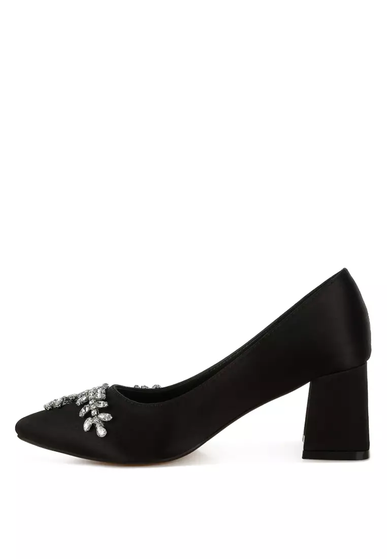 Satin Diamante Embellished Pumps in Black