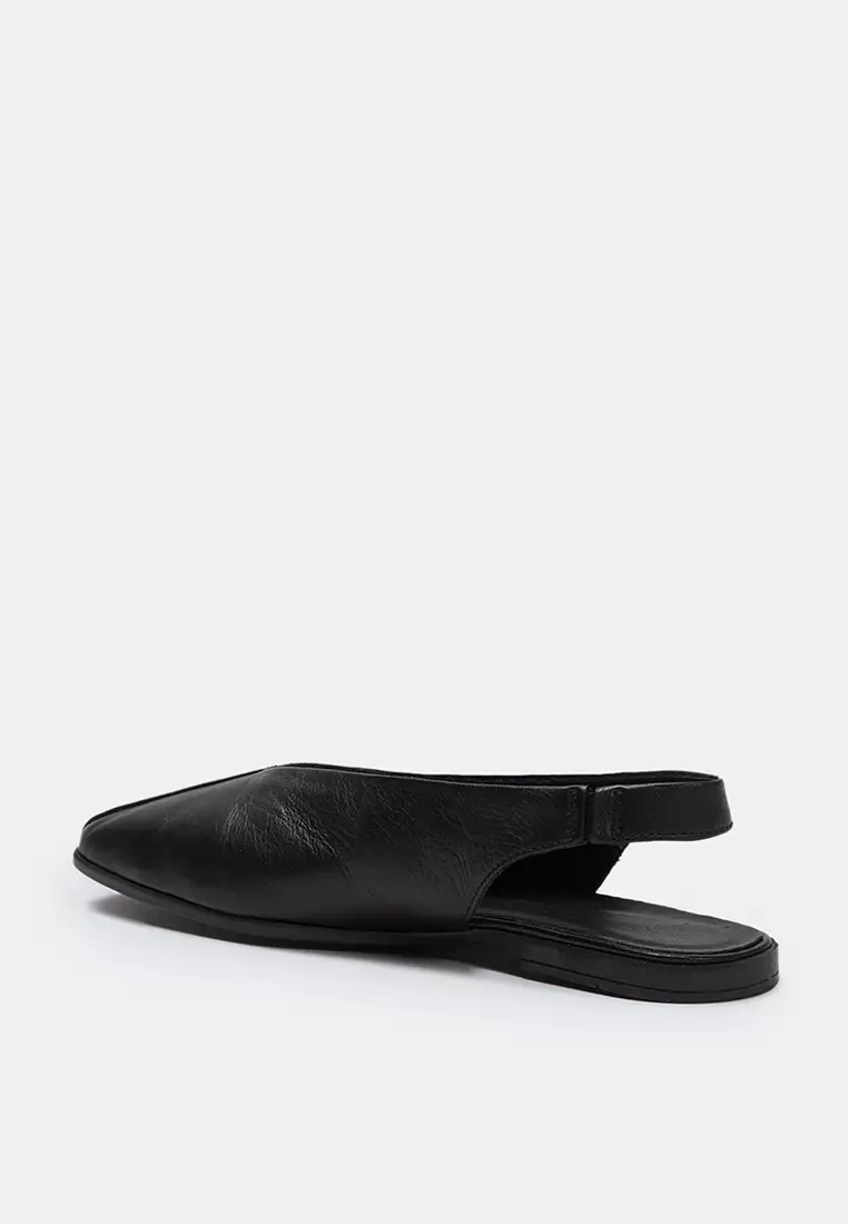 Black Genuine Leather Open Back Square Toe Women's Ballerinas Takss25Be00018