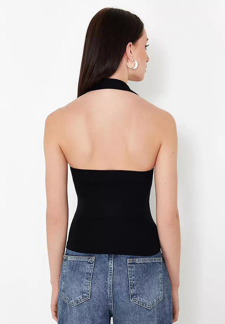 Black Halter Neck Belt Detail Fitted Knitted Blouse