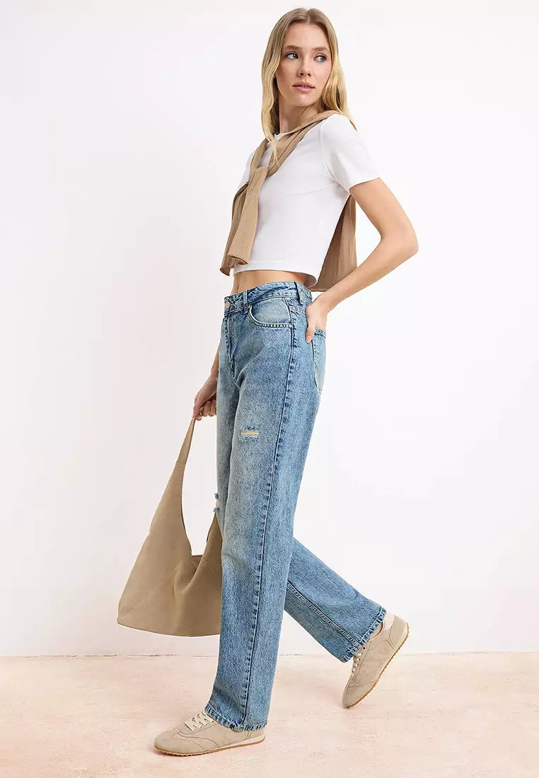Blue High Waist Ripped Straight Jeans Twoss26Je7