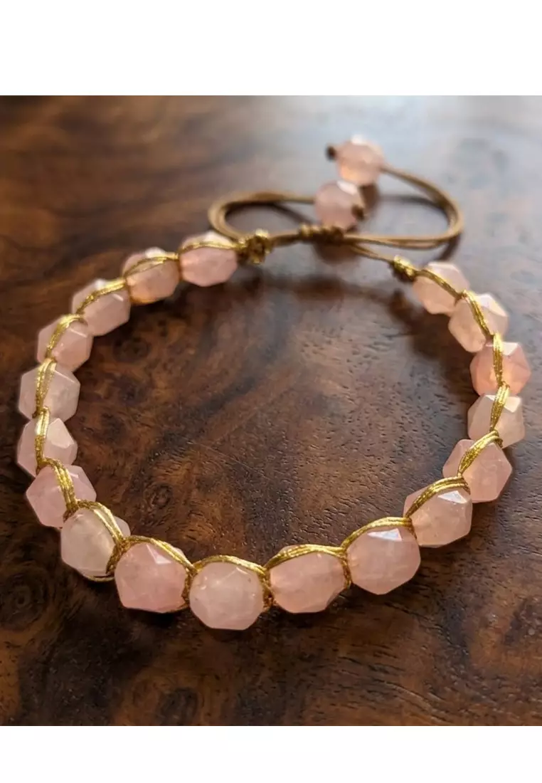 Aksesoris Gelang Wanita Golden Like Thread Semi-Precious stones Macrame Bracelet Gold & Rose Quartz