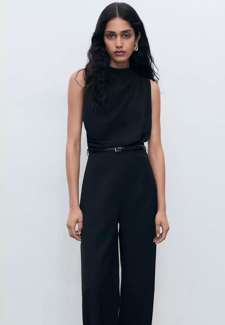 Long Jumpsuit With Draped Neck And Belt