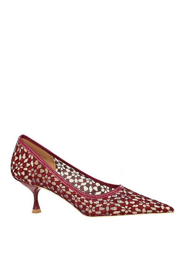 VANSA Lace Cutout Pointed Mid Heel Pumps VSW-P19615