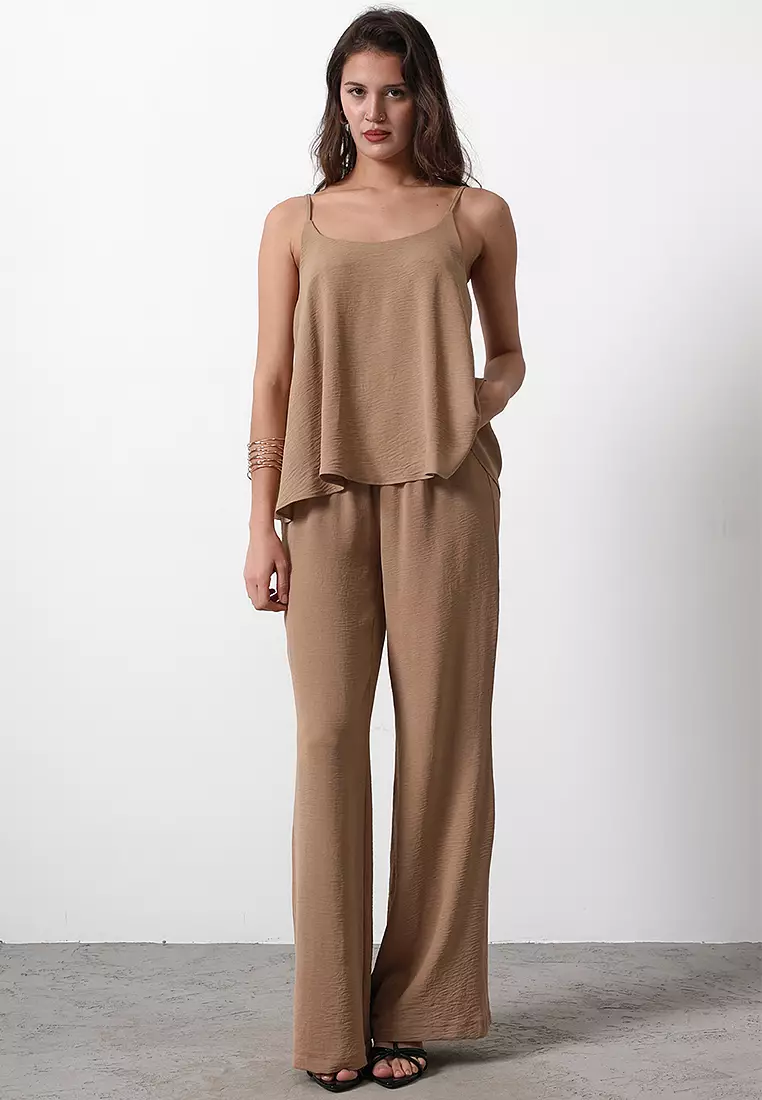 Brown Woven Strap Blouse Top Bottom Set