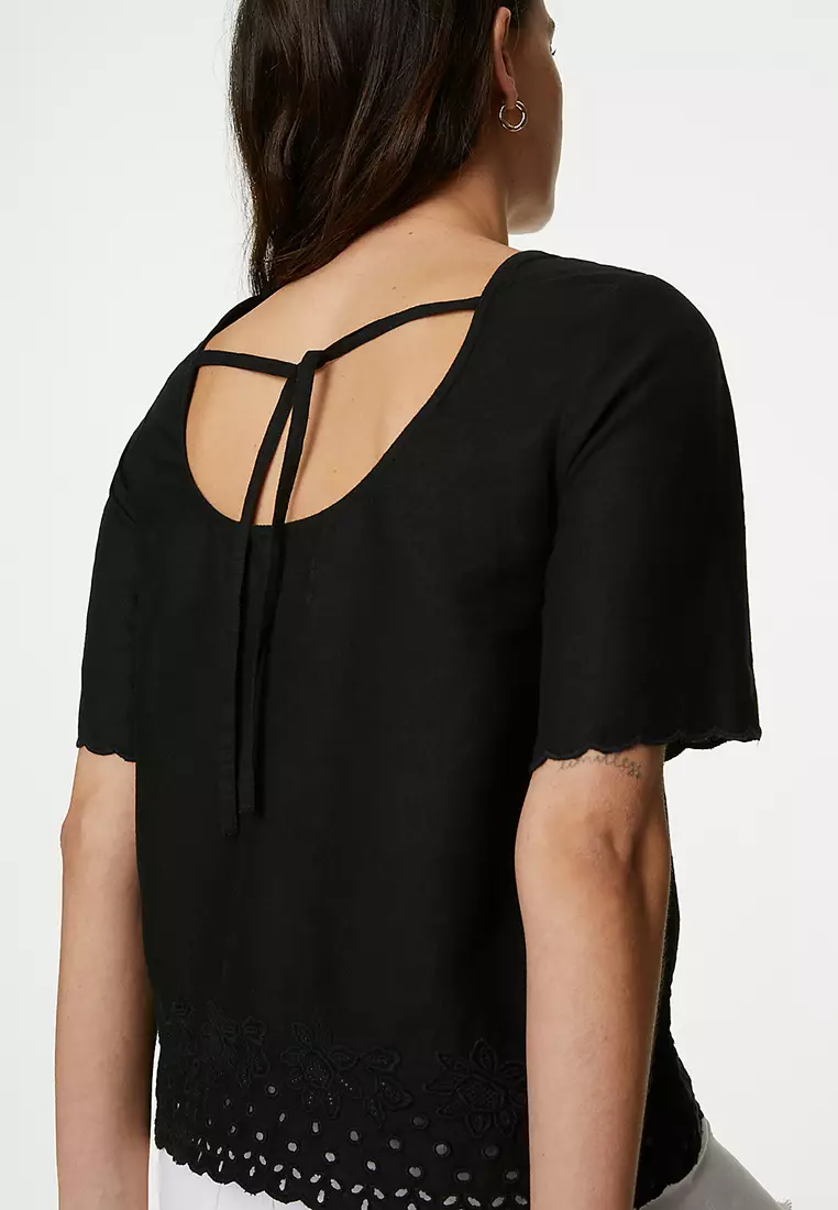 Linen Rich Broderie Regular Fit Top