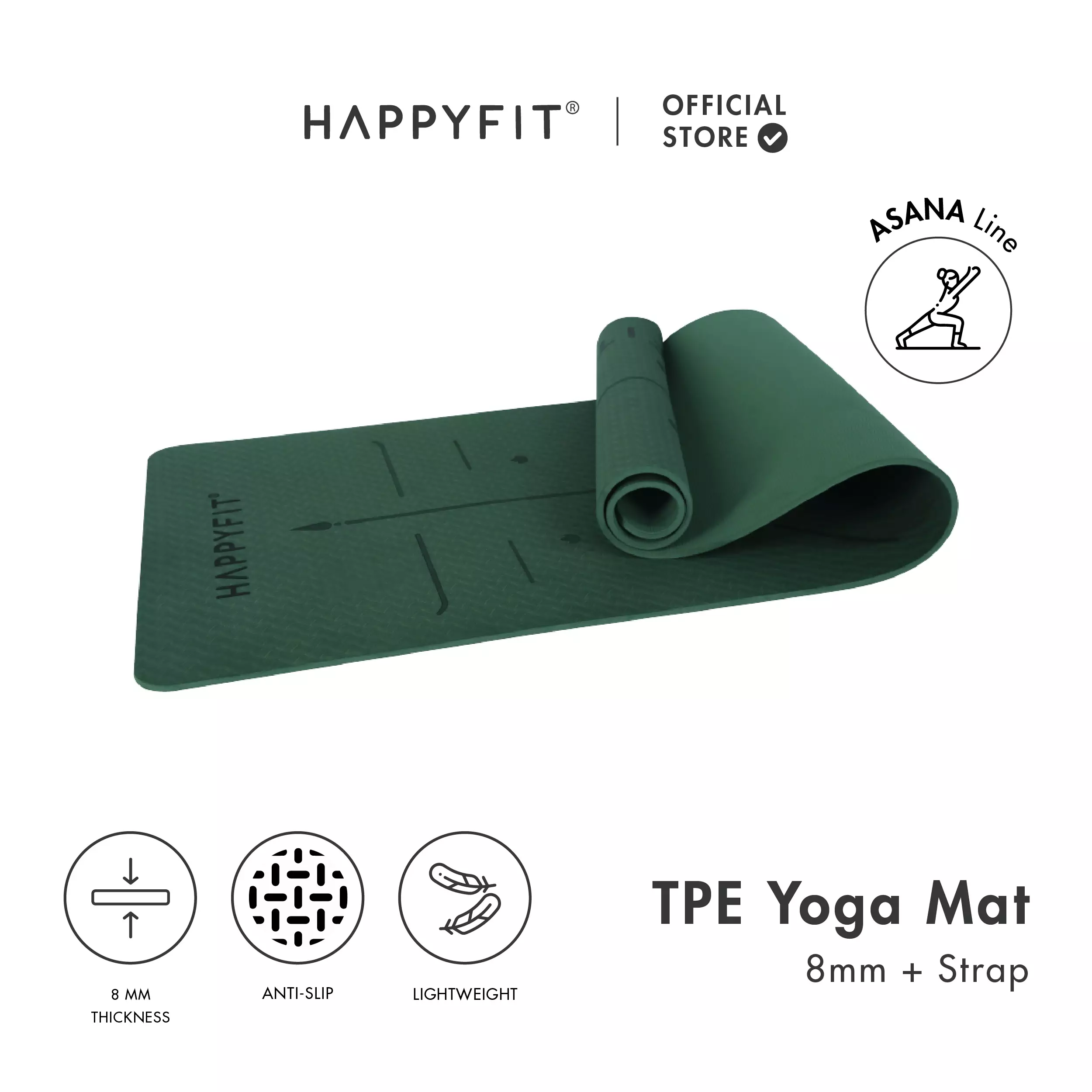 HAPPYFIT Yoga Mat Asana TPE 8mm Free Strap Green