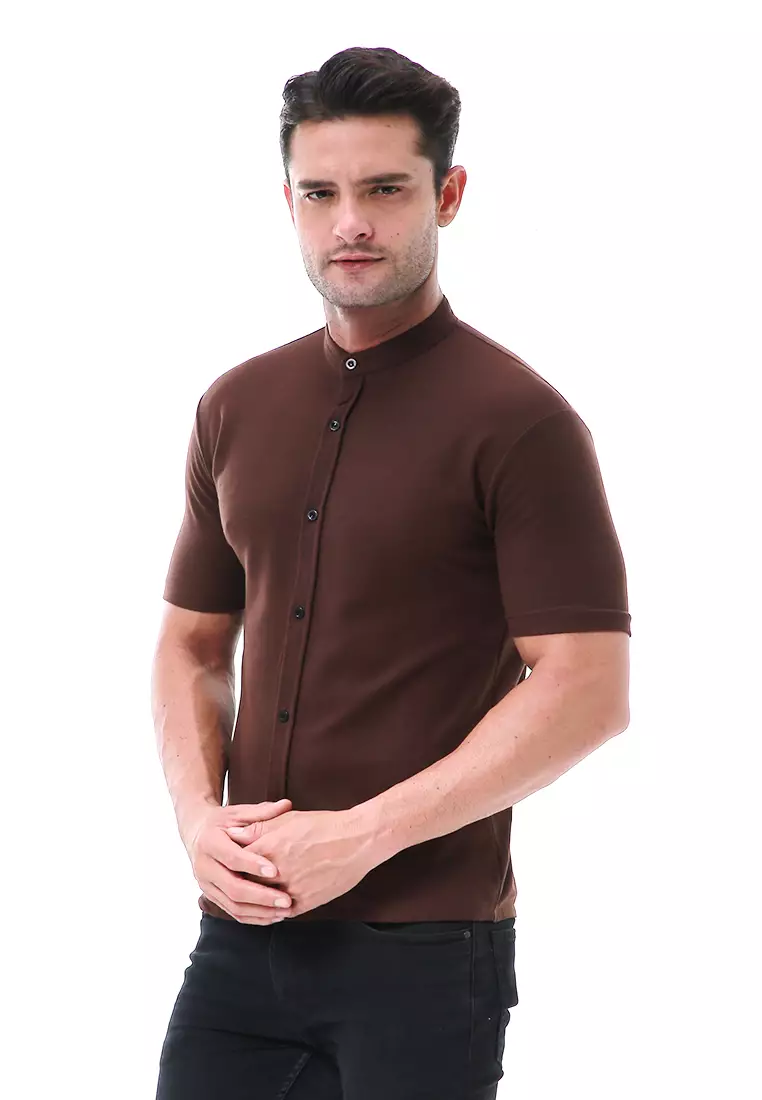 Leopold Atasan Pria Kemeja Kasual Slim Fit Lengan Pendek Motif Polos Material Cotton ORIGINAL - Brown