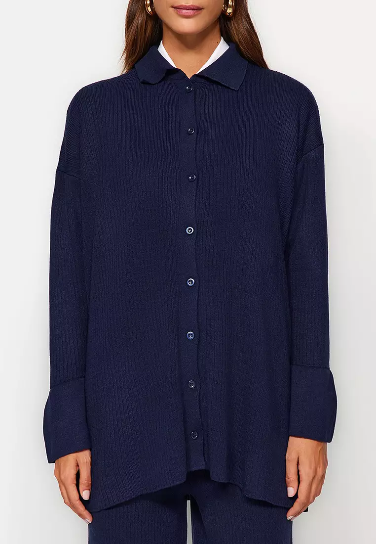 Navy Blue Slit Detailed Cardigan-Pants Knitwear Suit TCTAW23US00028